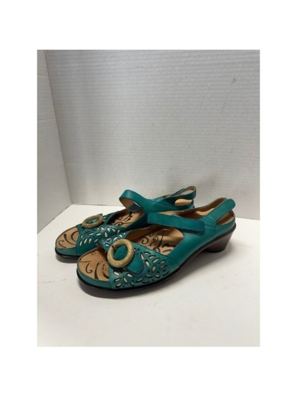 Portofino Teal Leather Laser Cut Wedge Sandals Blue European Size 39 8.5